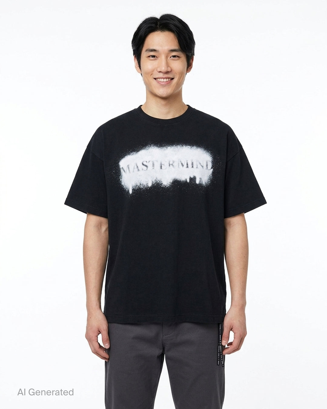 Mastermind black short sleeve tee with a white spray-paint stencil logo graphic on the chest and a logo drawcord at the hem - front