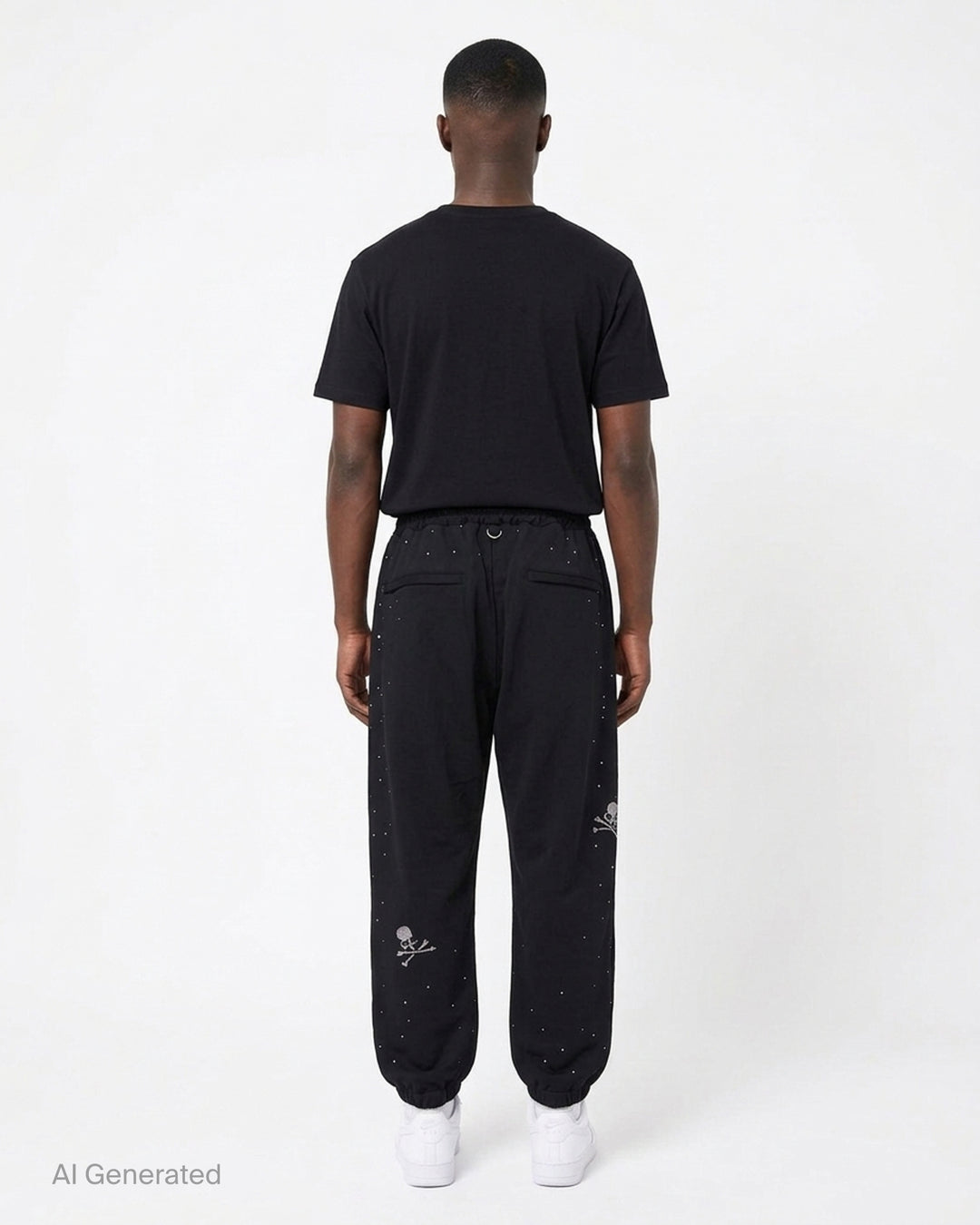 Mastermind black jersey joggers embellished with scattered Swarovski crystals, with drawstring waist, D-ring and ribbon tassel detail - back