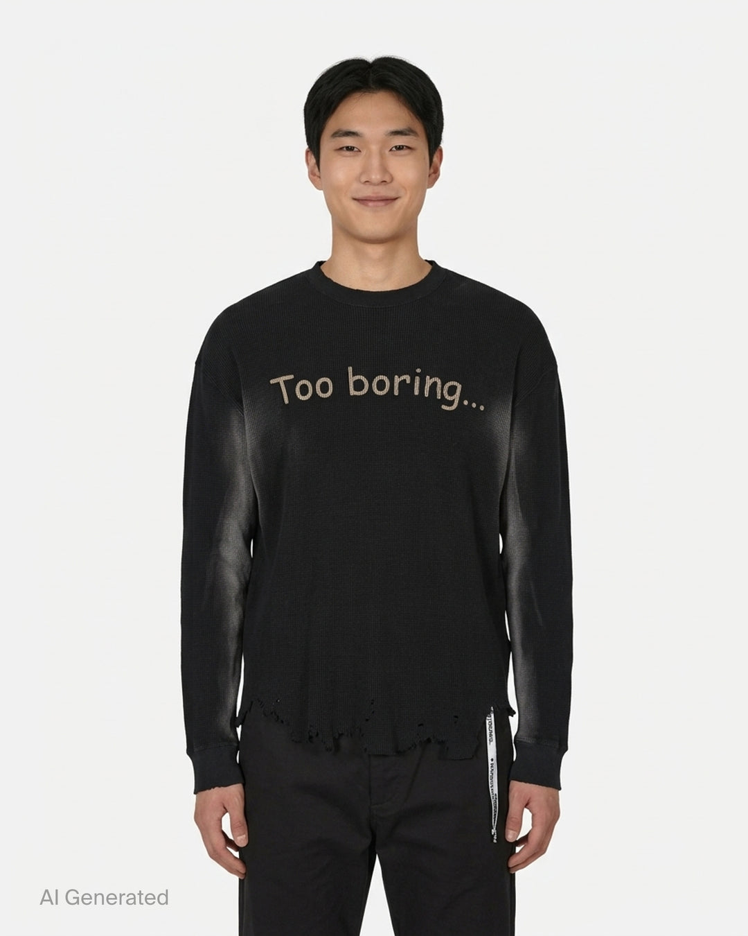 Mastermind black vintage waffle long sleeve tee with 'Too boring...' slogan print and distressed raw hem - front