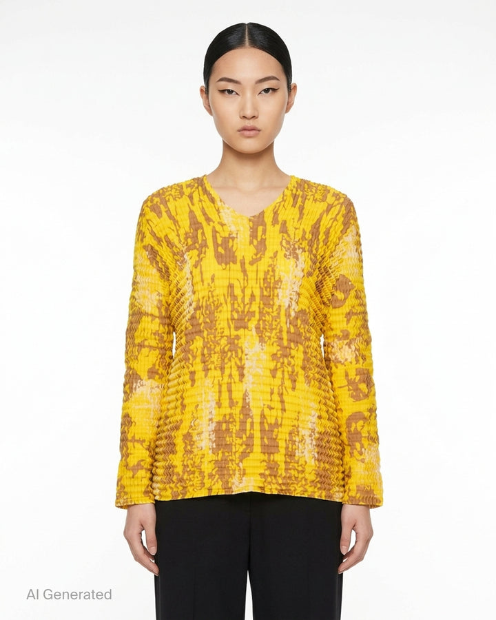 me Issey Miyake Leaf Pleats long sleeve crew neck top in yellow with tan and cream abstract print, shown flat against a white background - front