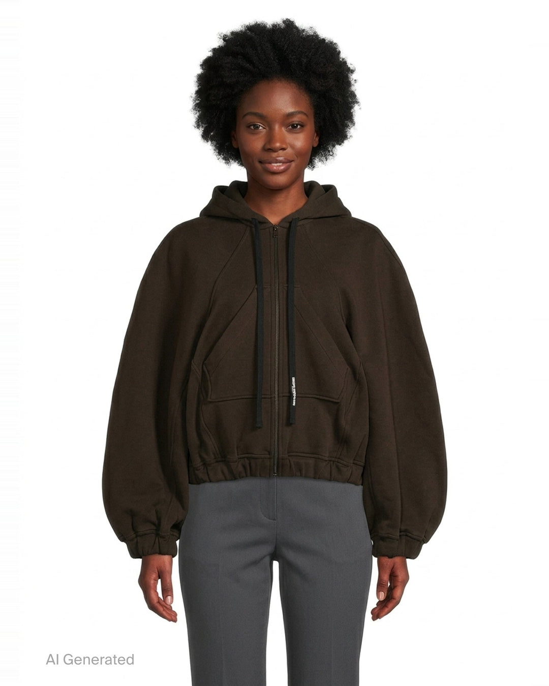 Melitta Baumeister Ball Zip Up Hoodie in dark espresso brown, featuring oversized balloon sleeves, full-length zip, navy drawstring ties, and elasticated ruched hem - front