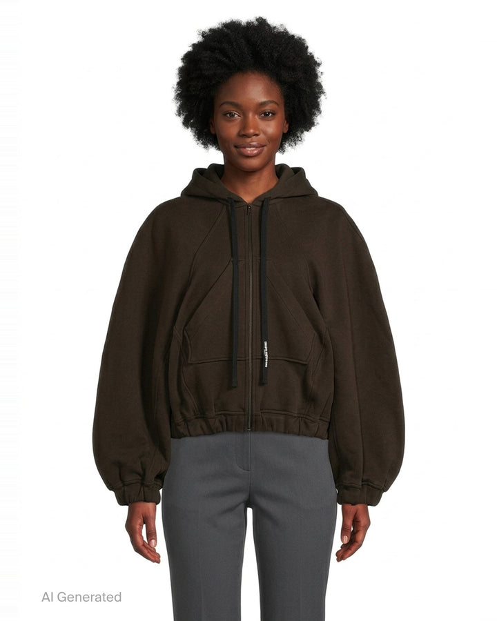 Melitta Baumeister Ball Zip Up Hoodie in dark espresso brown, featuring oversized balloon sleeves, full-length zip, navy drawstring ties, and elasticated ruched hem - front