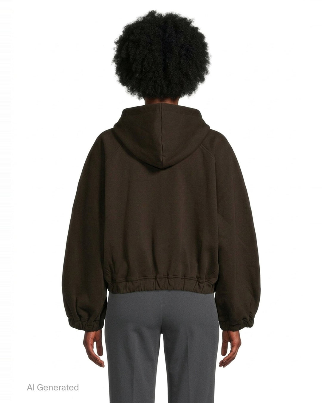Melitta Baumeister Ball Zip Up Hoodie in dark espresso brown, featuring oversized balloon sleeves, full-length zip, navy drawstring ties, and elasticated ruched hem - back
