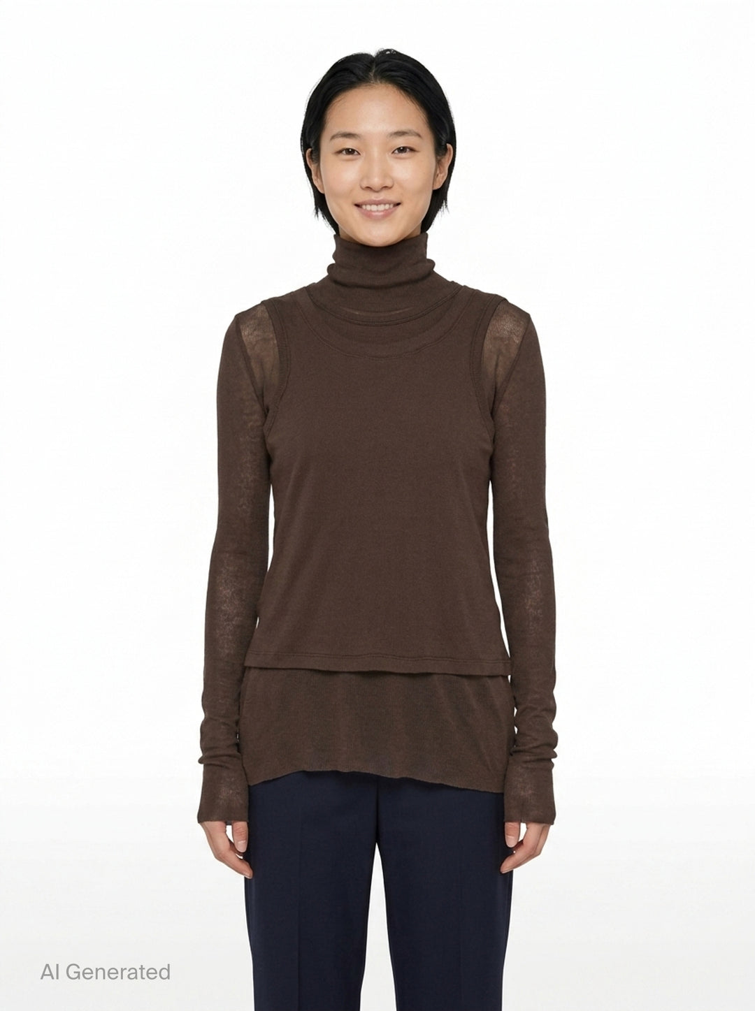 Melitta Baumeister Double Layer Turtleneck Top in dark brown, featuring a sheer long-sleeve base with ribbed turtleneck collar and an opaque sleeveless tank overlay with extended sheer hem - front