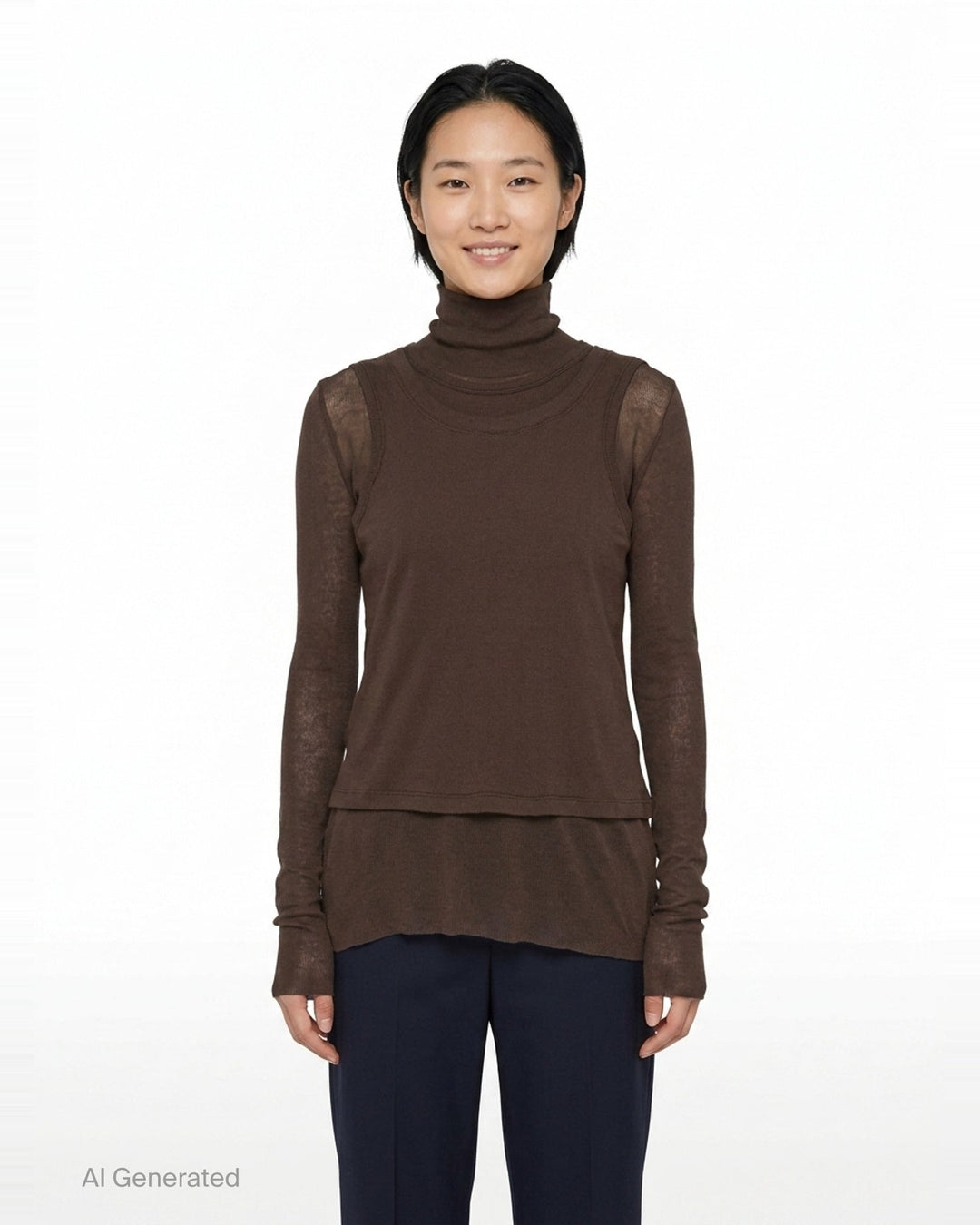 Melitta Baumeister Double Layer Turtleneck Top in dark brown, featuring a sheer long-sleeve base with ribbed turtleneck collar and an opaque sleeveless tank overlay with extended sheer hem - front