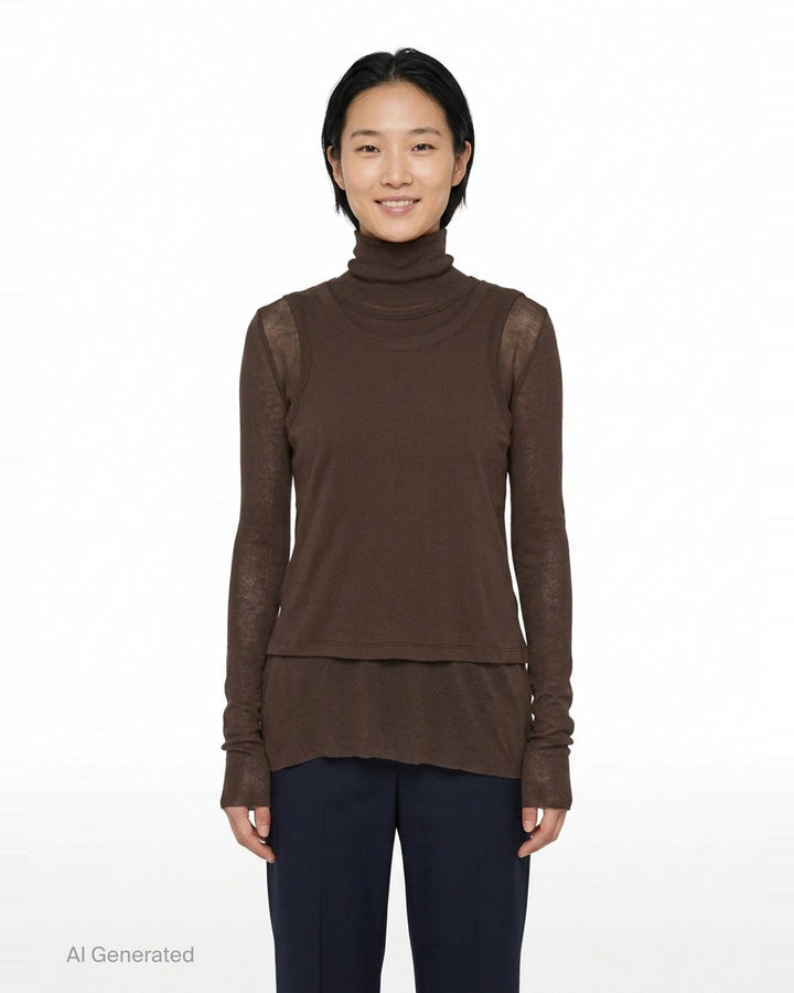 Melitta Baumeister Double Layer Turtleneck Top in dark brown, featuring a sheer long-sleeve base with ribbed turtleneck collar and an opaque sleeveless tank overlay with extended sheer hem - front