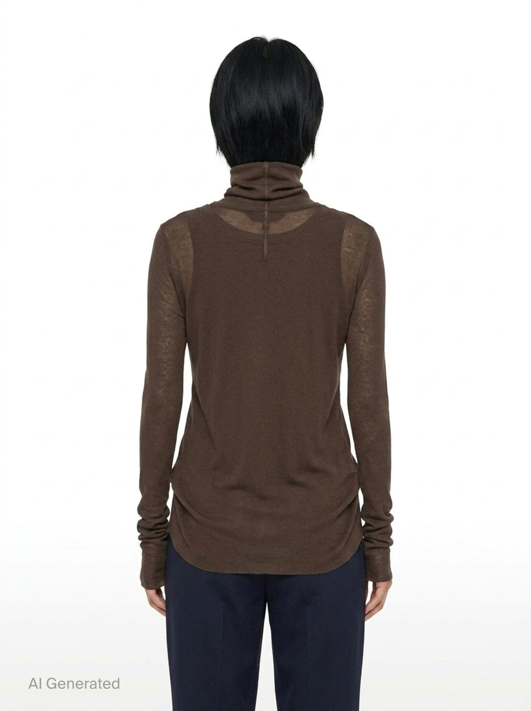 Melitta Baumeister Double Layer Turtleneck Top in dark brown, featuring a sheer long-sleeve base with ribbed turtleneck collar and an opaque sleeveless tank overlay with extended sheer hem - back