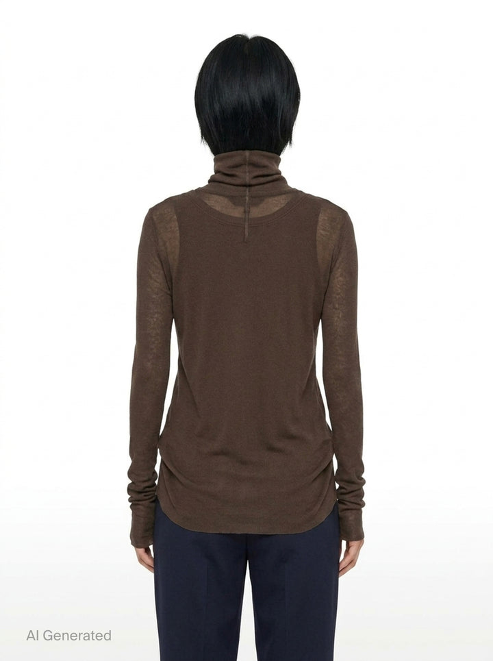 Melitta Baumeister Double Layer Turtleneck Top in dark brown, featuring a sheer long-sleeve base with ribbed turtleneck collar and an opaque sleeveless tank overlay with extended sheer hem - back