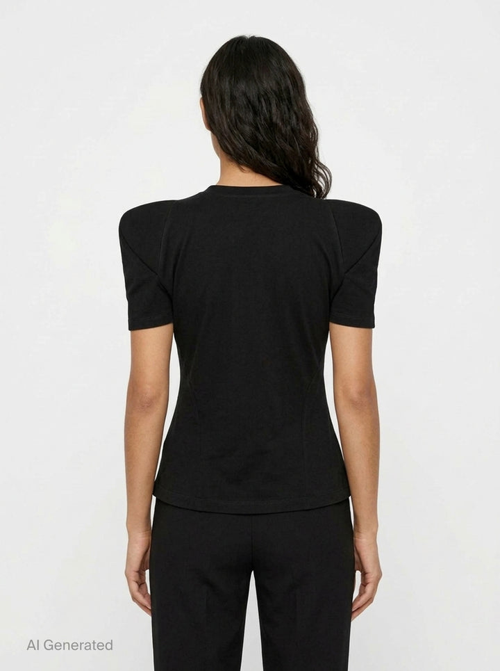 Melitta Baumeister Foamy Shoulder Tee in black, featuring exaggerated sculptural puff shoulders, ribbed crew neckline, and a fitted short-sleeve silhouette, shown on a flat lay against a white background - back