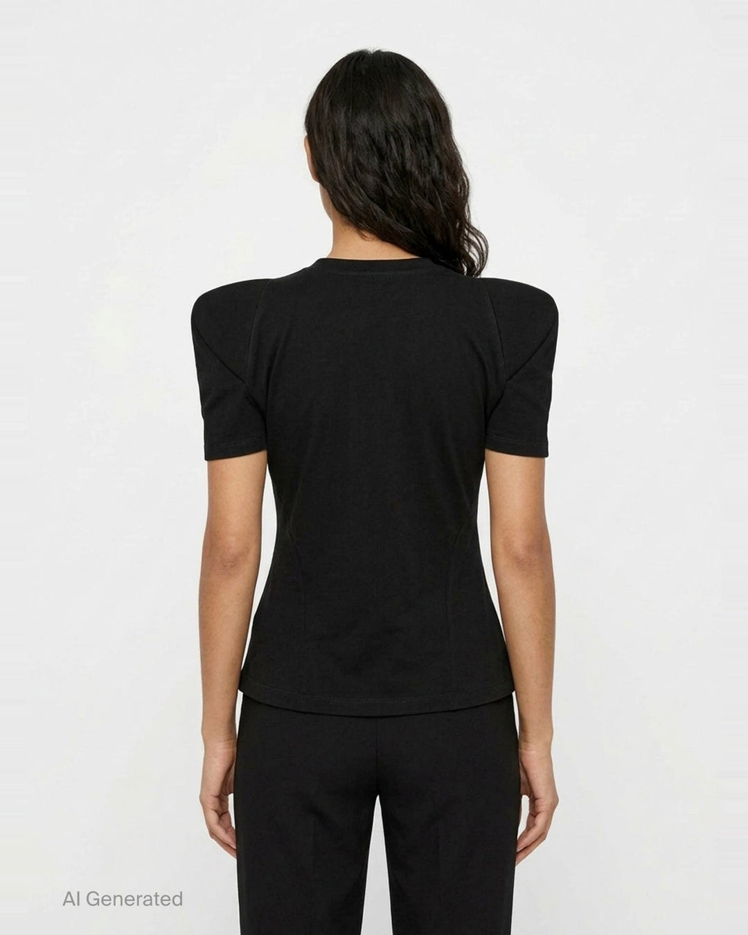 Melitta Baumeister Foamy Shoulder Tee in black, featuring exaggerated sculptural puff shoulders, ribbed crew neckline, and a fitted short-sleeve silhouette, shown on a flat lay against a white background - back