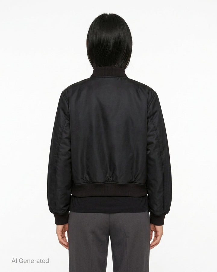 Melitta Baumeister black round bomber jacket with curved asymmetric zip and ribbed collar, cuffs and hem - back