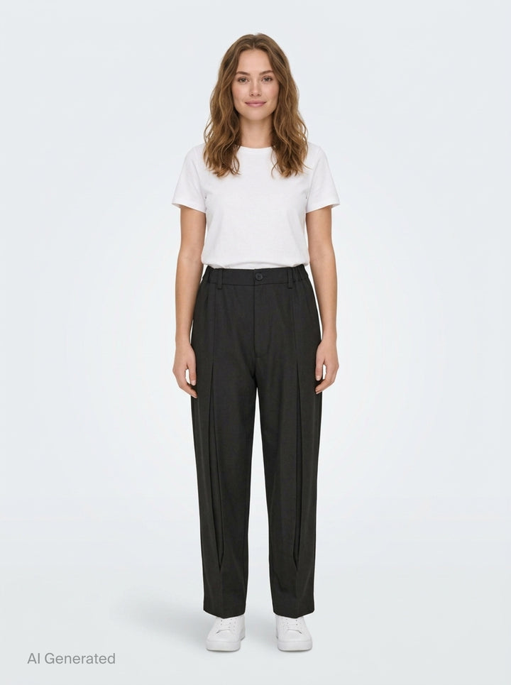 Melitta Baumeister Tailored Pointy Hem Pants in black, featuring raised front seam lines and a signature pointed hem extending at each leg, with a high-rise single-button waistband — front view on white background - front