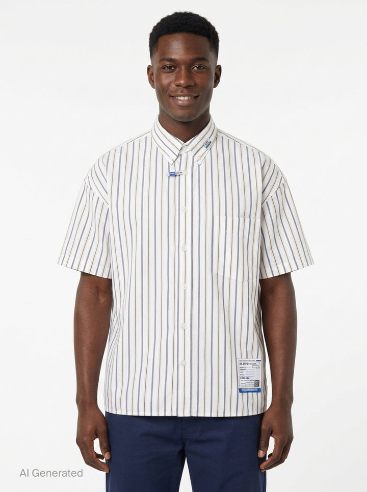 Cotton High Density Short Sleeve Stripe Shirt | Mihara Yasuhiro | Club21 - front