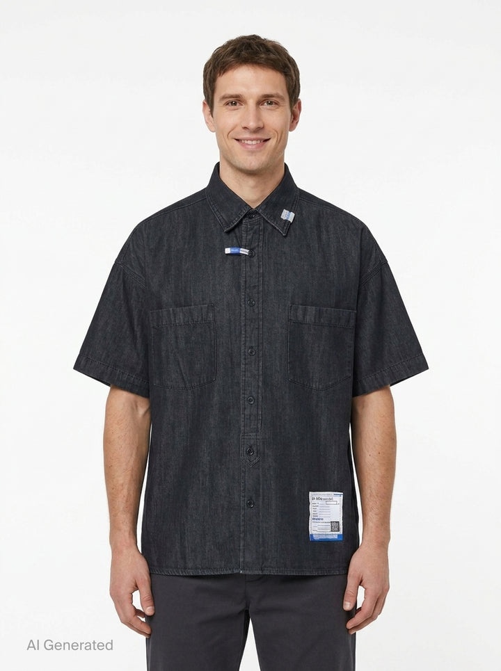 Cotton Tencel Denim Short Sleeve Work Shirt | Mihara Yasuhiro | Club21 - front