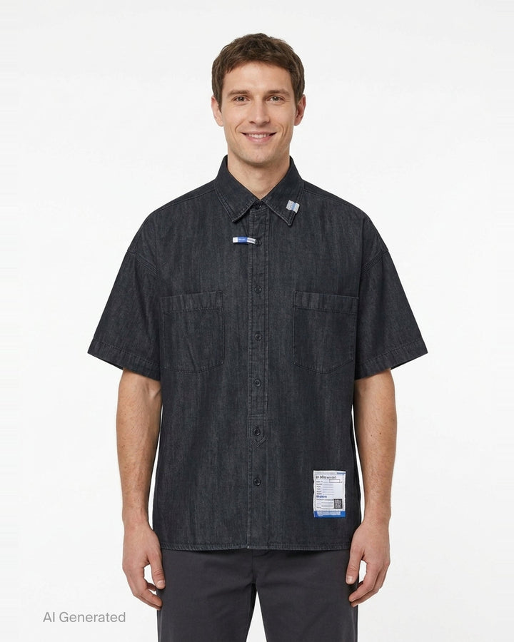 Cotton Tencel Denim Short Sleeve Work Shirt | Mihara Yasuhiro | Club21 - front