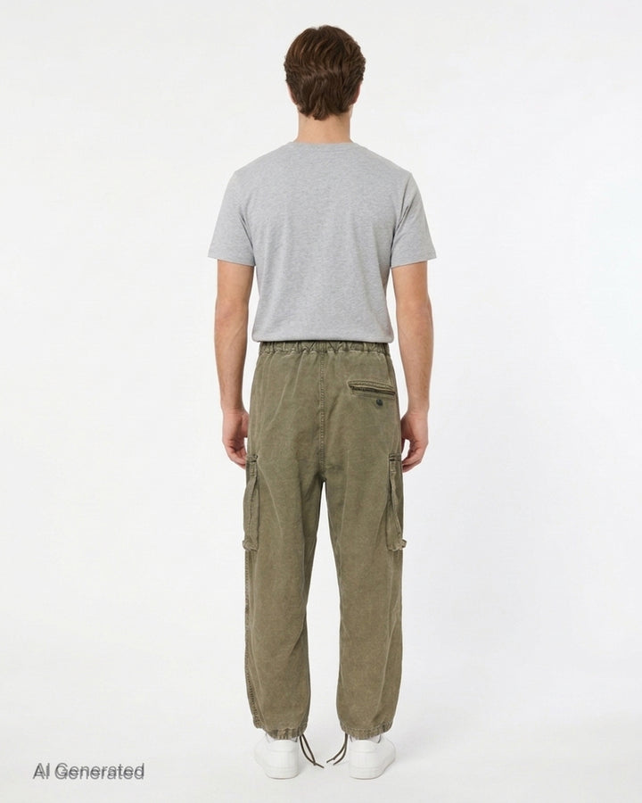 Mihara Yasuhiro washed olive damaged cargo pants with drawstring waist, oversized cargo pockets and distressed finish, front view - back