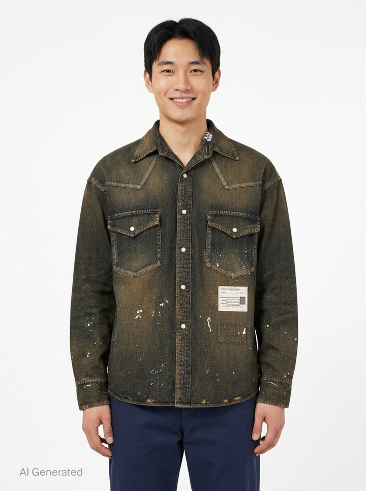 Flatted Collar Long Sleeve Denim Shirt | Maison Mihara Yasuhiro | Club21 - front