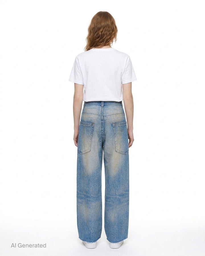 Mihara Yasuhiro wide-leg blue denim pants with a faded dirt-washed finish, MMY waist tag and appliquéd label patch - back