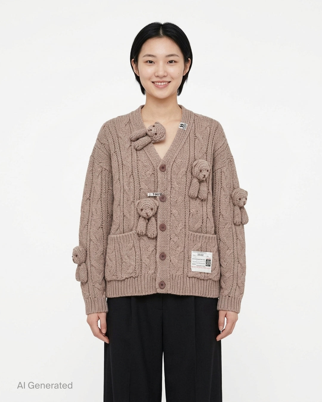 Mihara Yasuhiro Pink House Bears Knit Cardigan in a chunky cable knit with knitted teddy bear appliqués, button front and patch pockets - front