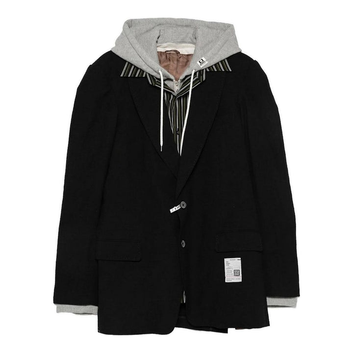 Mihara Yasuhiro Triple Layered Blazer in black with an attached grey hood and striped shirt layer, shown flat from the front - packshot