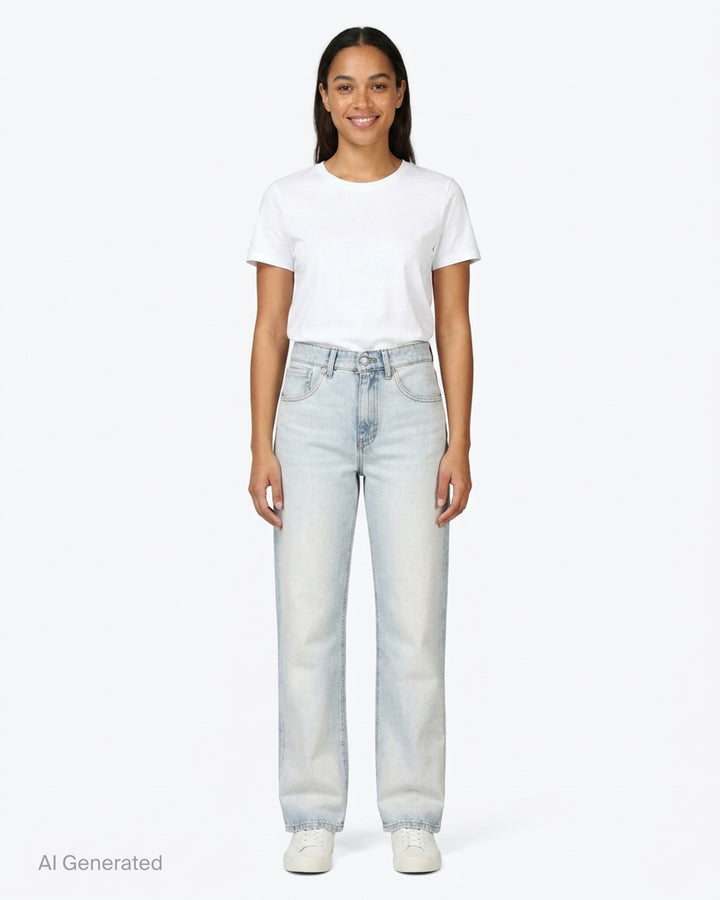 MM6 Maison Margiela high-rise straight-leg jeans in light bleached blue denim with five-pocket styling and contrast topstitching - front
