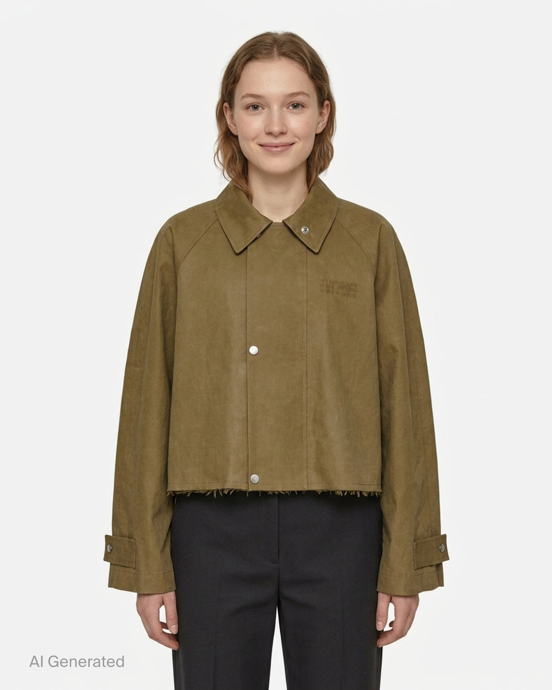 MM6 Maison Margiela cropped khaki coated trench jacket with raglan sleeves, snap front closure, pointed collar and raw frayed hem - front