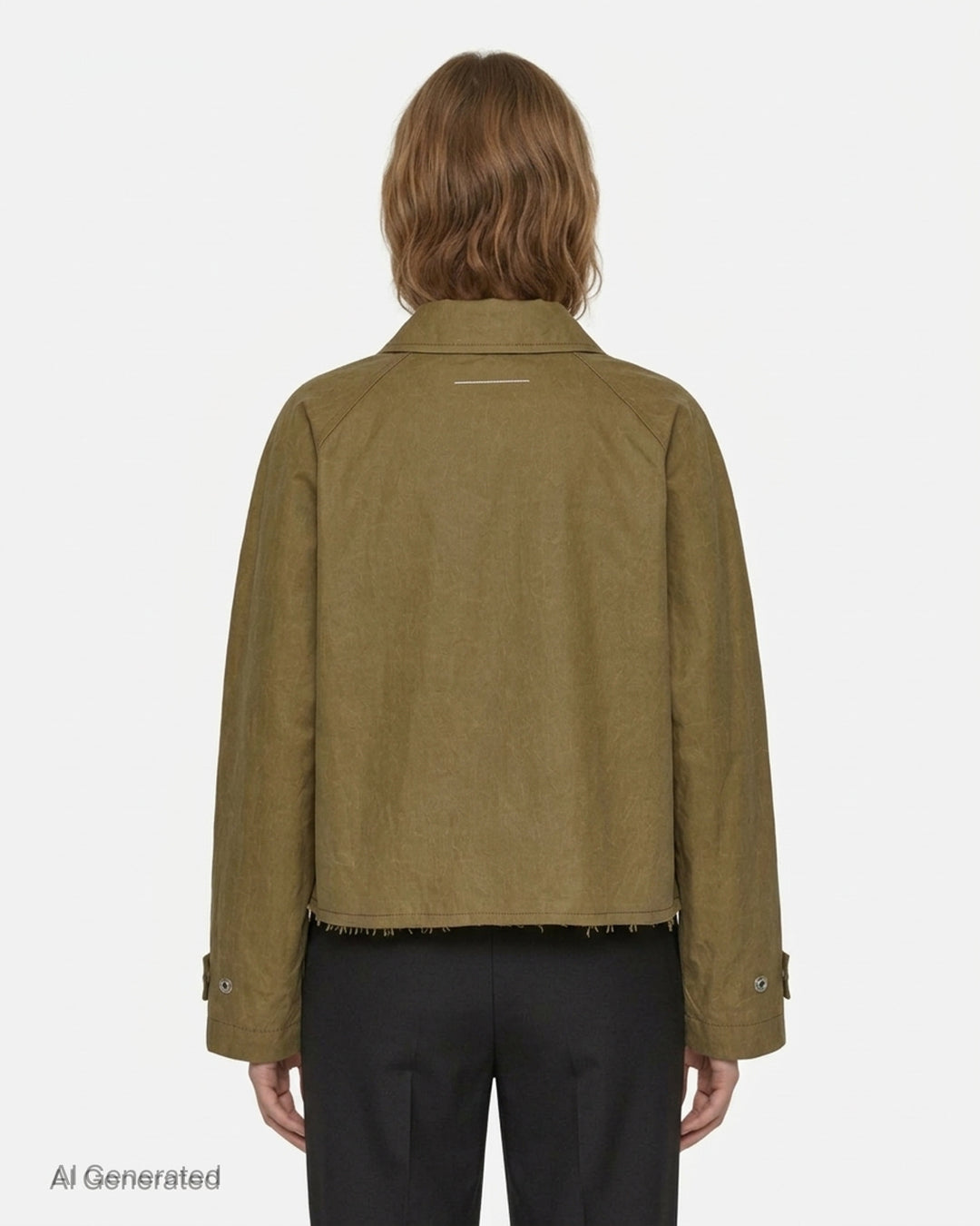 MM6 Maison Margiela cropped khaki coated trench jacket with raglan sleeves, snap front closure, pointed collar and raw frayed hem - back