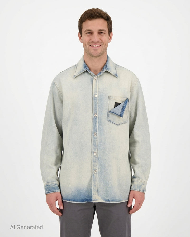 MM6 oversized faded blue denim long sleeve shirt with pointed collar, button placket and folded chest pocket detail - front