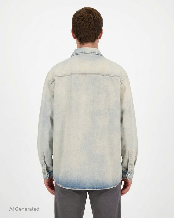 MM6 oversized faded blue denim long sleeve shirt with pointed collar, button placket and folded chest pocket detail - back