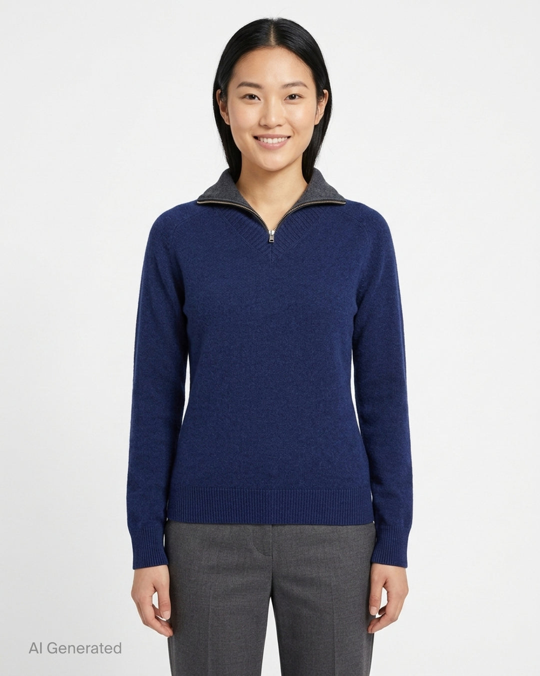 MM6 Maison Margiela navy knit pullover with V-neckline, contrast grey zip inner collar and ribbed cuffs and hem - front