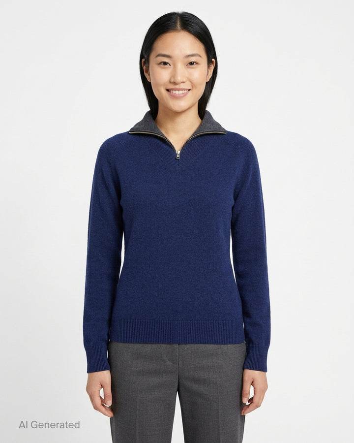 MM6 Maison Margiela navy knit pullover with V-neckline, contrast grey zip inner collar and ribbed cuffs and hem - front