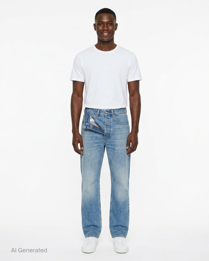 MM6 Maison Margiela light wash blue straight-leg jeans with a deconstructed asymmetric waistband and button fly, shown front view - front