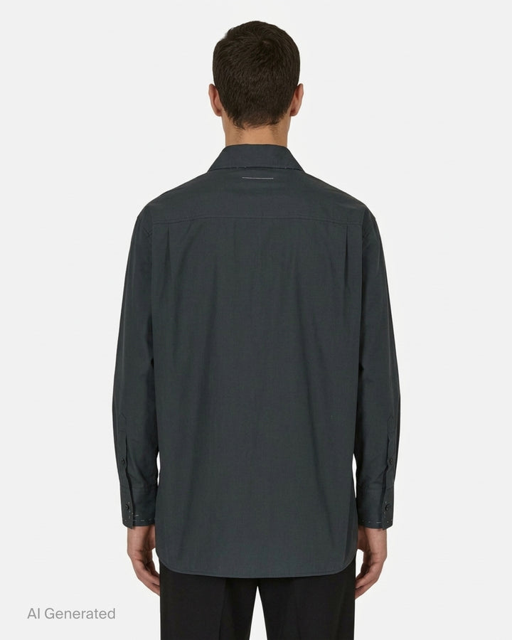 MM6 Maison Margiela long sleeve cotton poplin shirt in charcoal with distressed paint-effect trim and embroidered chest pocket, front view - back