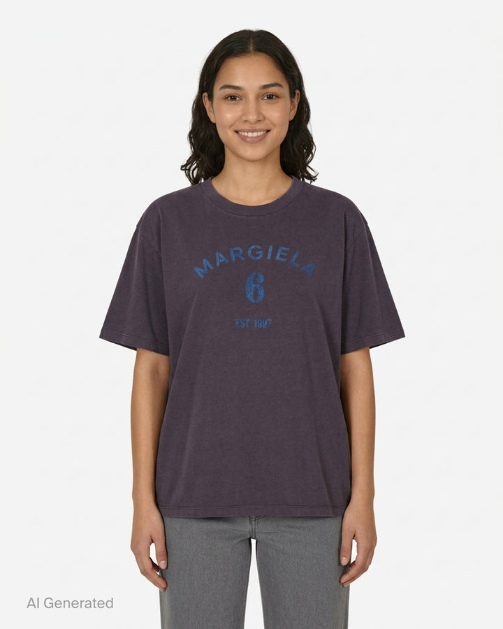 MM6 washed aubergine cotton jersey T-shirt with distressed blue Margiela 6 Est 1997 logo print on the chest - front