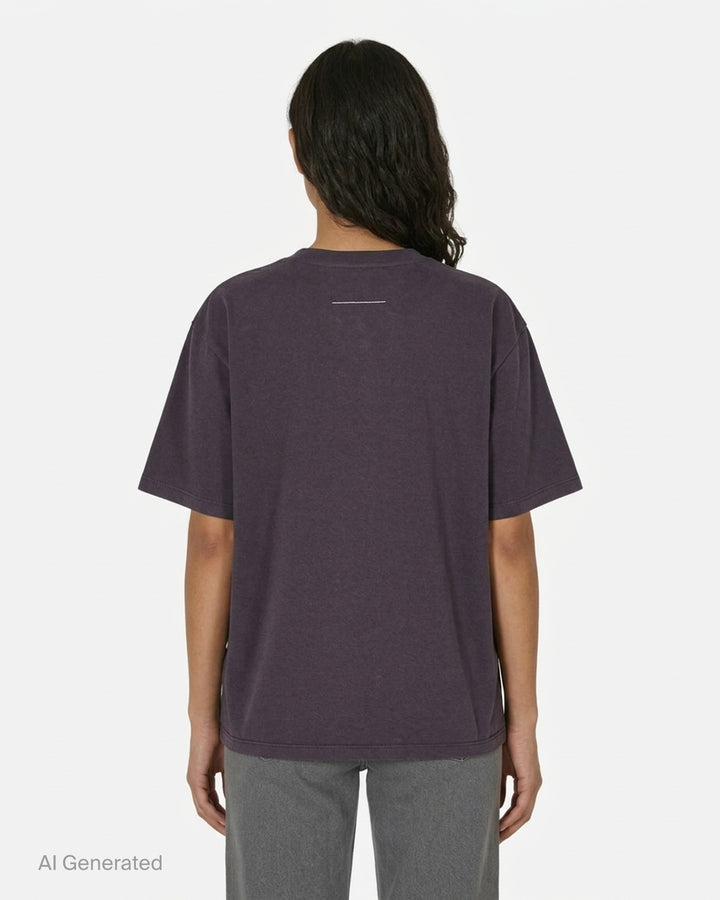 MM6 washed aubergine cotton jersey T-shirt with distressed blue Margiela 6 Est 1997 logo print on the chest - back