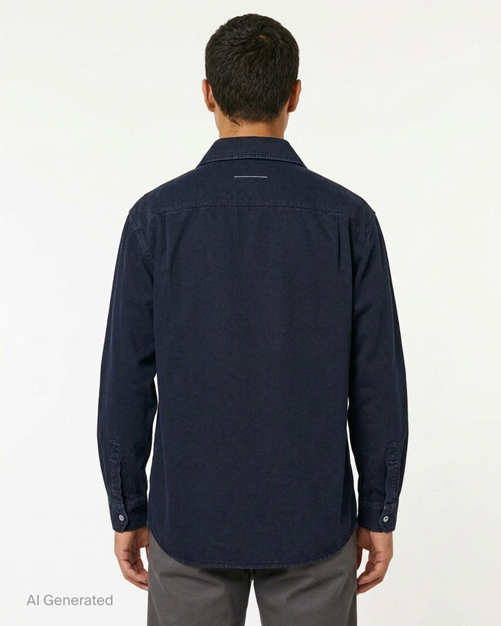 MM6 Maison Margiela overdyed long sleeve shirt in faded navy with button front, pointed collar and two oversized chest pockets - back