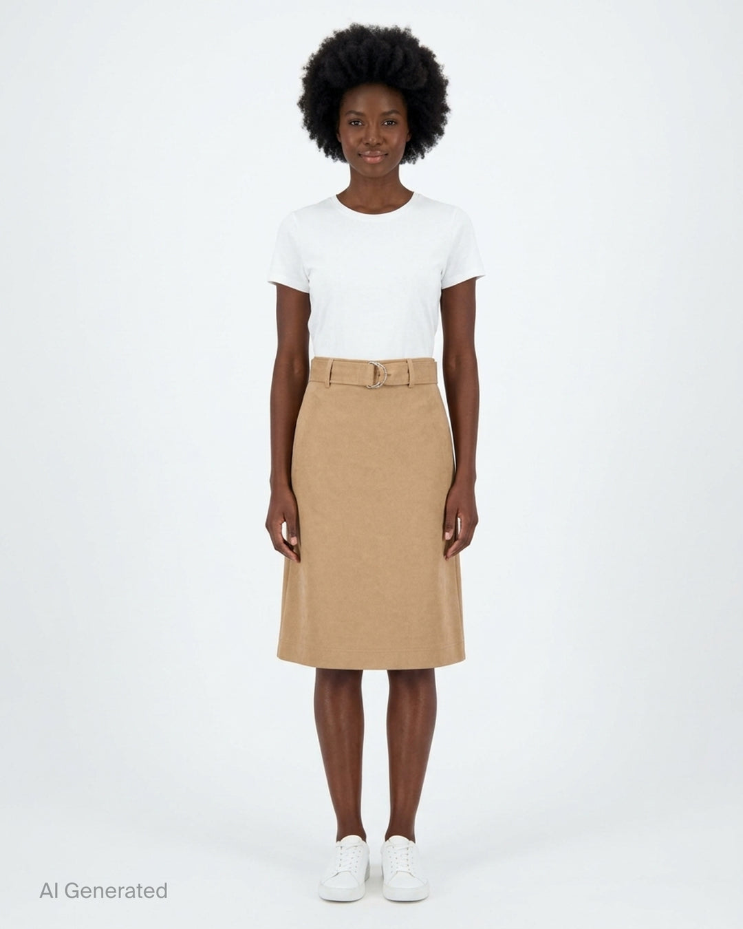 MSGM camel twill A-line midi skirt with matching self-fabric belt and silver double D-ring buckle - front