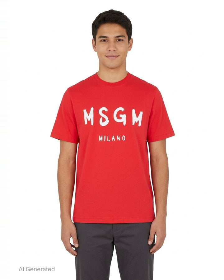 MSGM red cotton short sleeve tee with oversized white brushstroke logo and Milano text printed across the chest - front