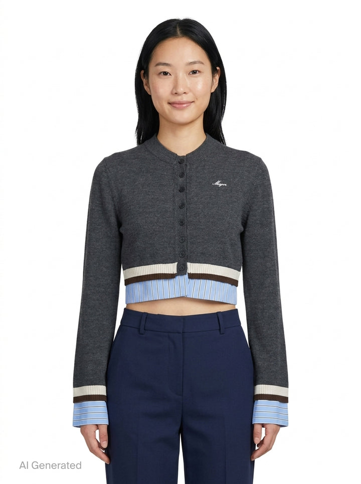 MSGM cropped charcoal knit cardigan with button-through front, contrast pale blue pinstripe shirting panels at hem and cuffs, and cream and dark brown stripe trim - front