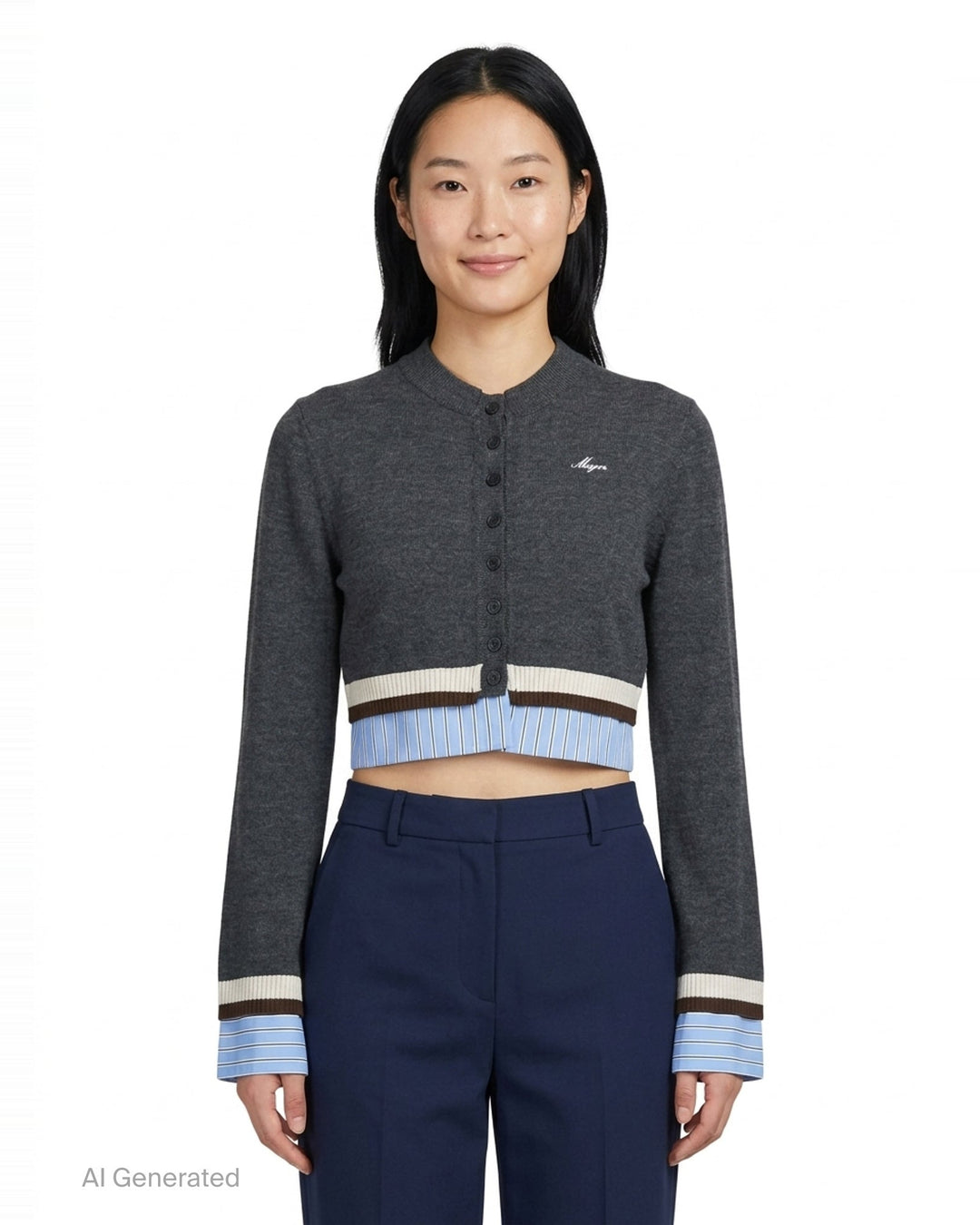 MSGM cropped charcoal knit cardigan with button-through front, contrast pale blue pinstripe shirting panels at hem and cuffs, and cream and dark brown stripe trim - front