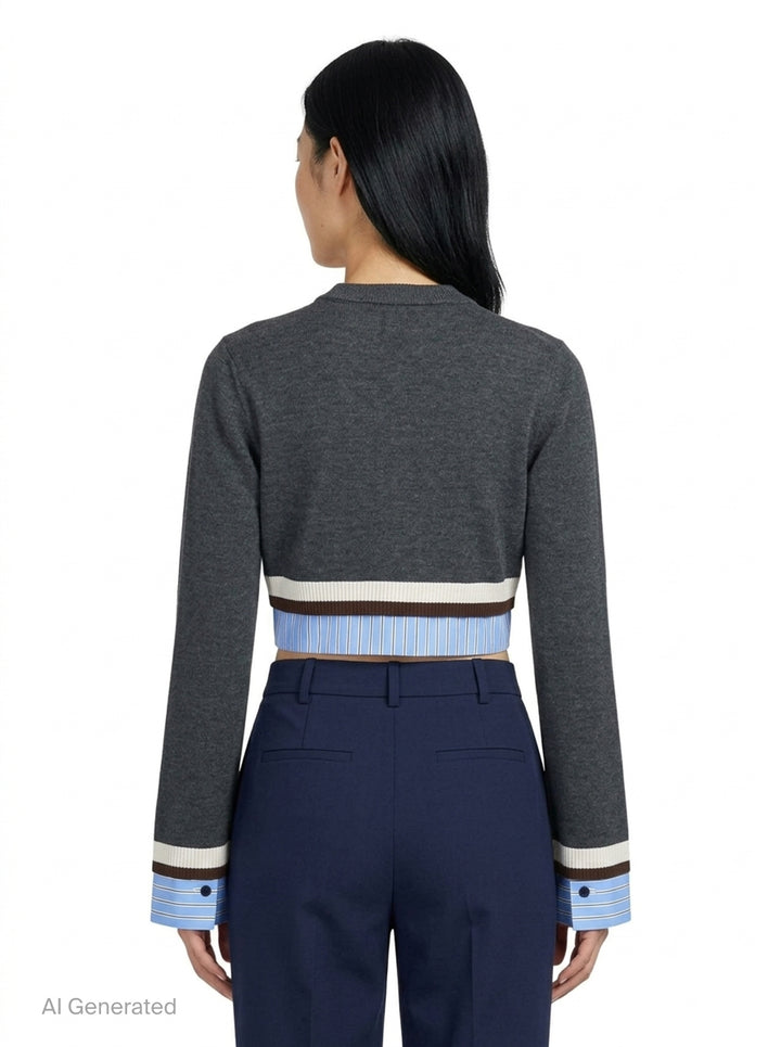 MSGM cropped charcoal knit cardigan with button-through front, contrast pale blue pinstripe shirting panels at hem and cuffs, and cream and dark brown stripe trim - back