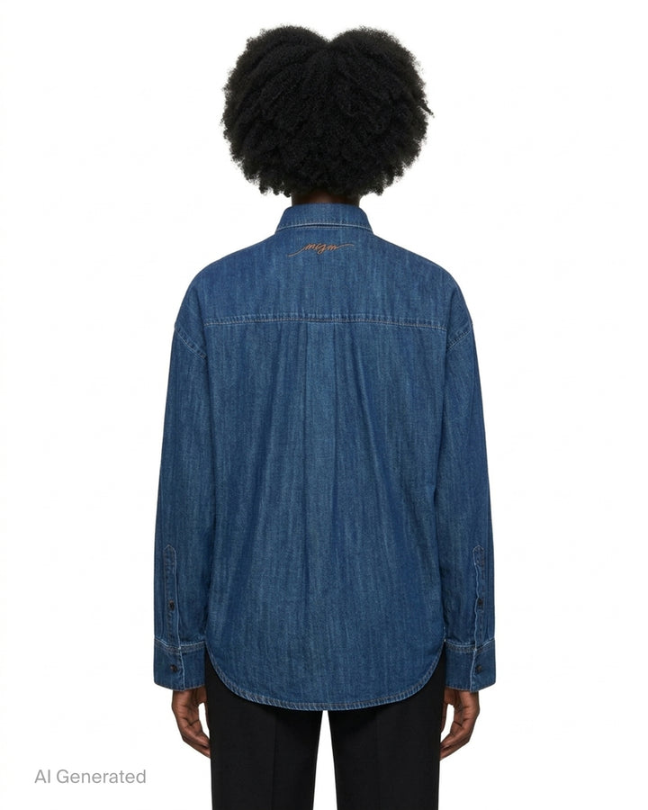 MSGM indigo denim blouse with sculptural attached bowtie bib, button-down collar, full button placket, and wide double cuffs, displayed flat on a white background - back