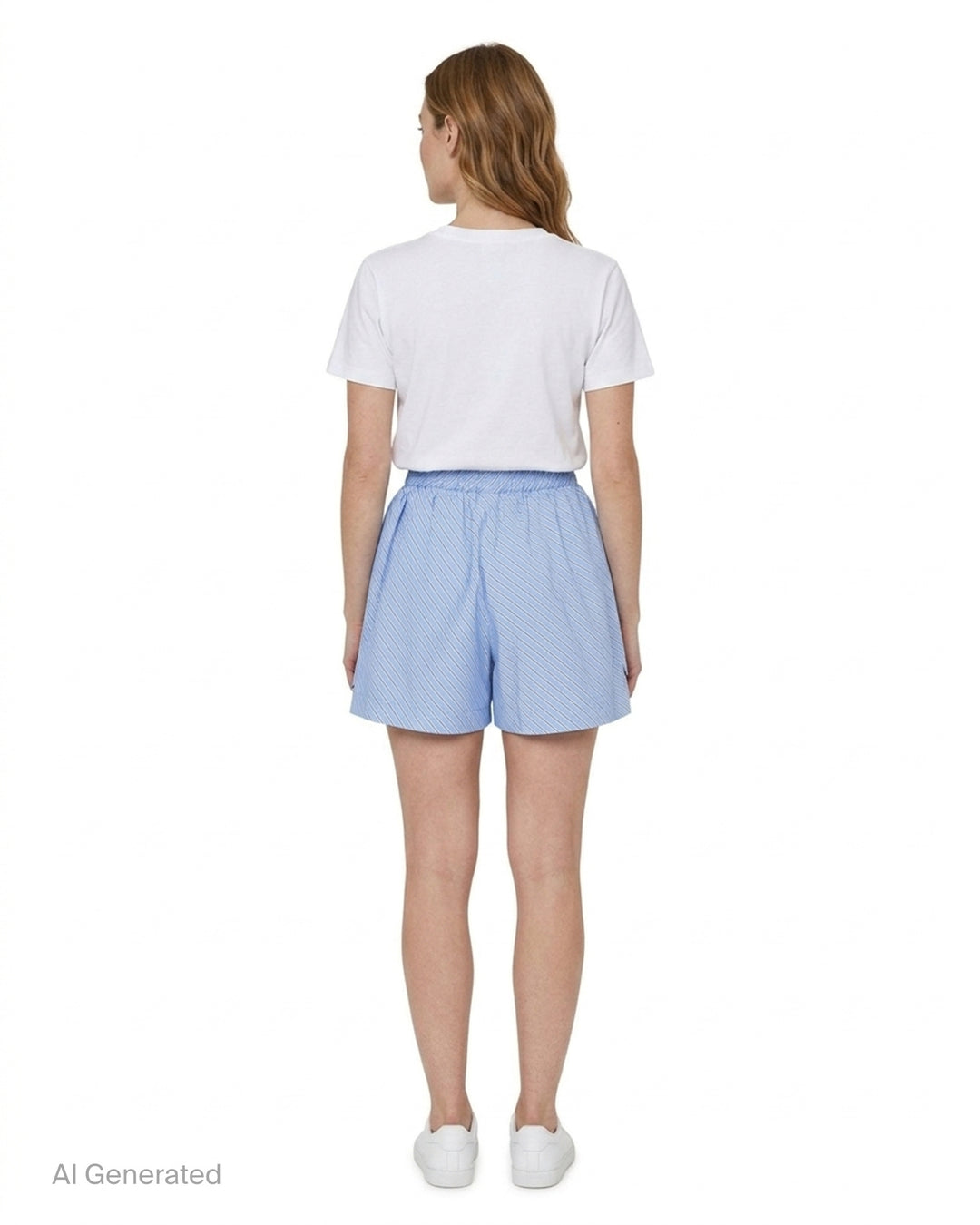 MSGM diagonal stripe shorts in light blue with a flared silhouette, elasticated waistband, and woven MSGM Milano label, front view on white background - back