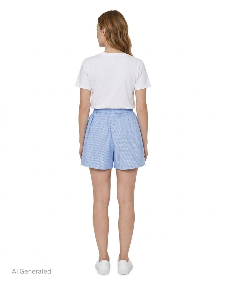MSGM diagonal stripe shorts in light blue with a flared silhouette, elasticated waistband, and woven MSGM Milano label, front view on white background - back