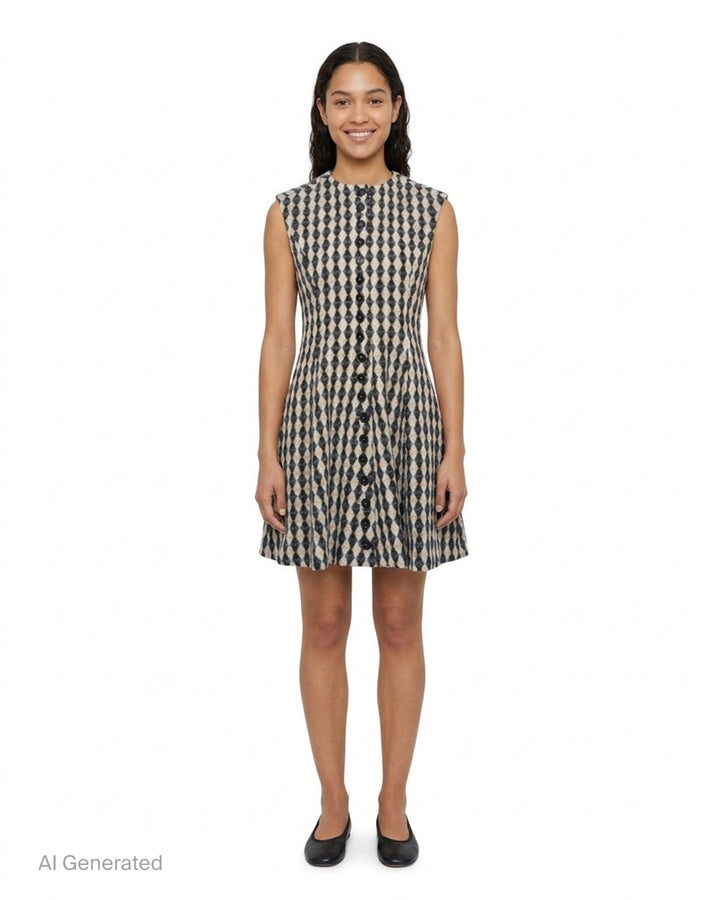 MSGM sleeveless fit-and-flare dress in beige and charcoal diamond harlequin check with full-length dark button fastening - front