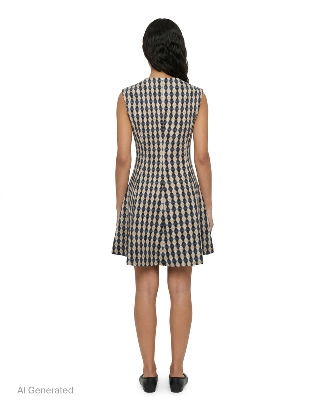 MSGM sleeveless fit-and-flare dress in beige and charcoal diamond harlequin check with full-length dark button fastening - back