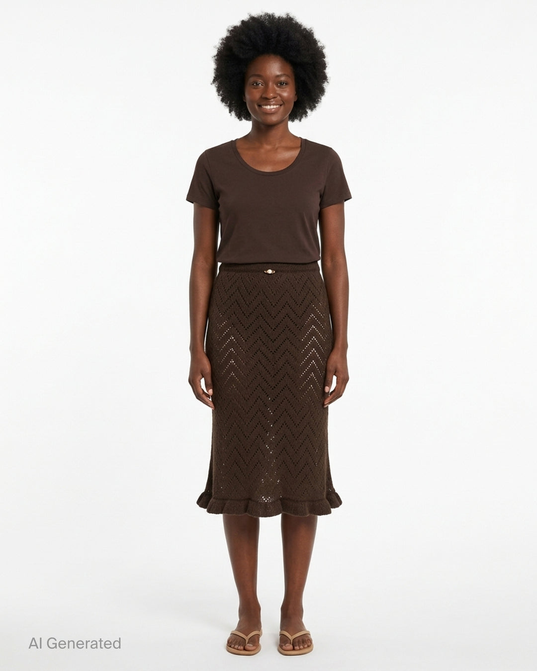 MSGM dark brown chevron pointelle knit midi skirt with ribbed waistband, pearl pin detail, and fluted ruffle hem trim, shown flat on white background - front