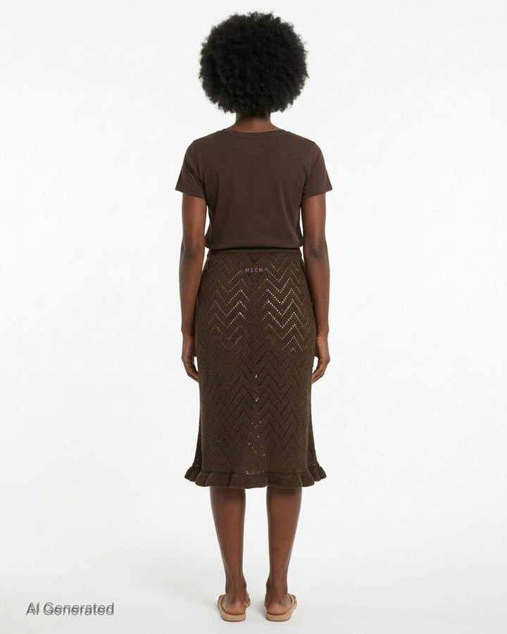 MSGM dark brown chevron pointelle knit midi skirt with ribbed waistband, pearl pin detail, and fluted ruffle hem trim, shown flat on white background - back