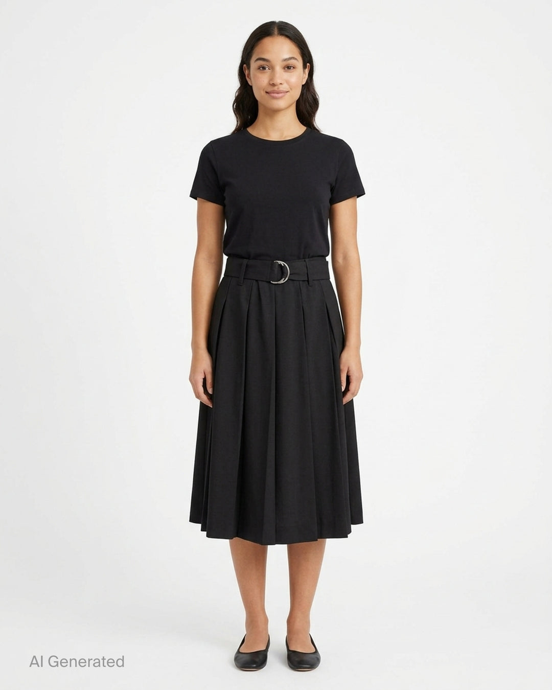 MSGM black pleated midi skirt with high-rise waistband, D-ring silver-tone belt, and cascading box pleats, photographed on a white background - front