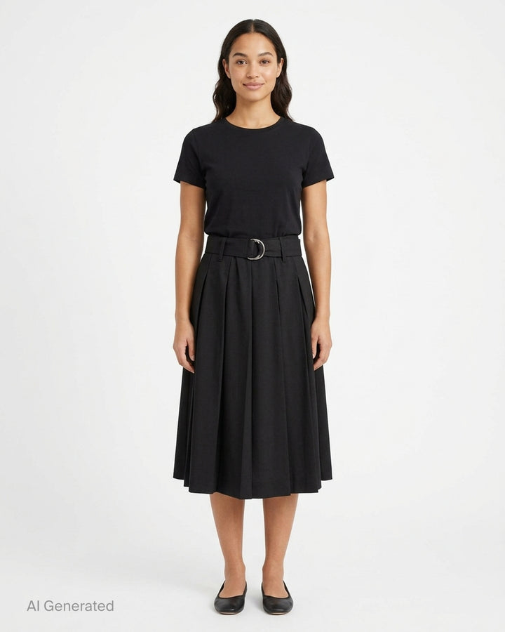 MSGM black pleated midi skirt with high-rise waistband, D-ring silver-tone belt, and cascading box pleats, photographed on a white background - front